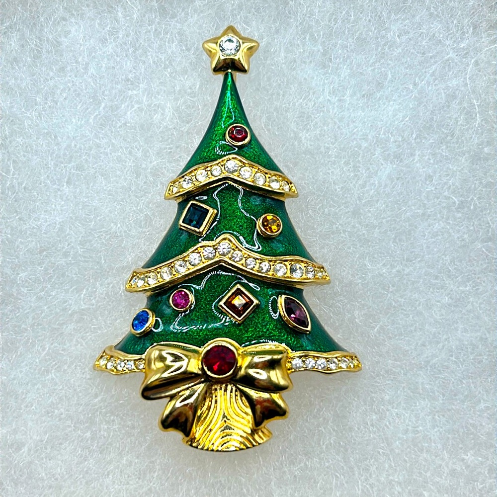 Vintage Franklin Mint Christmas Tree Brooch Pin Gold tone Enamel/Rhinestones
